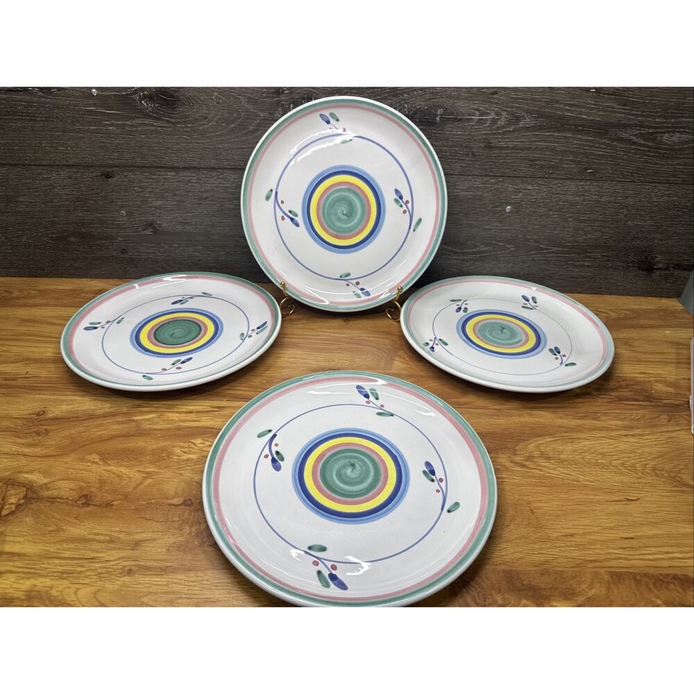 Caleca Italy SALVO Hand Painted Dinner Plates 11-1/8” Pink Blue Yellow~set Of 4
